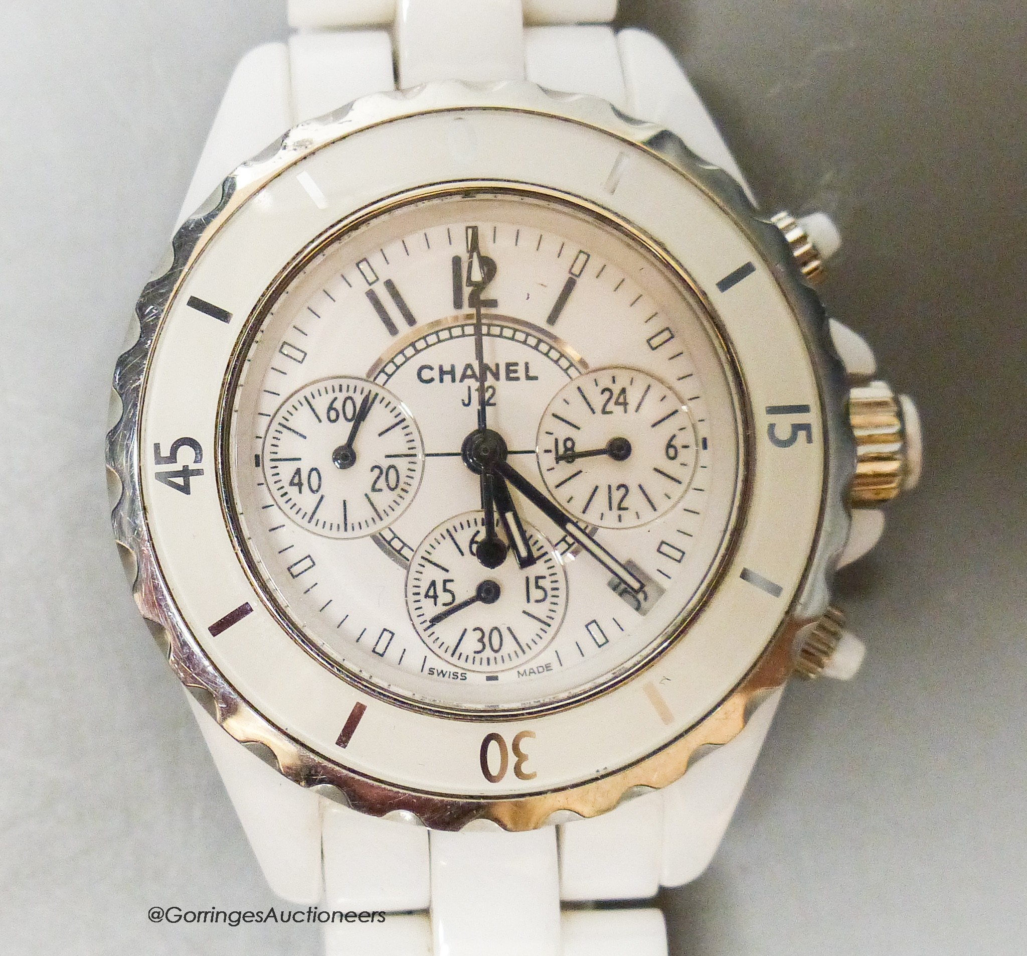 A lady's modern Chanel J12V chronograph quartz wrist watch, no box or papers.